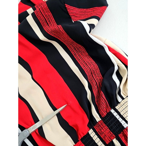 Millenium~Size XL~Red/Multicolor Striped Short Sleeve Button Dress Elastic Waist - Picture 8 of 13